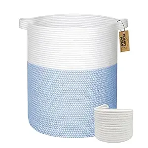 COMFY-HOMI XXL Large Laundry Basket with Handles Blanket Baskets Living Room|Woven Cotton Rope Decorative Basket Laundry Hamper Baby Basket Nursery Dog Toy Storage Organizer Bin-16”x18”-White/Blue