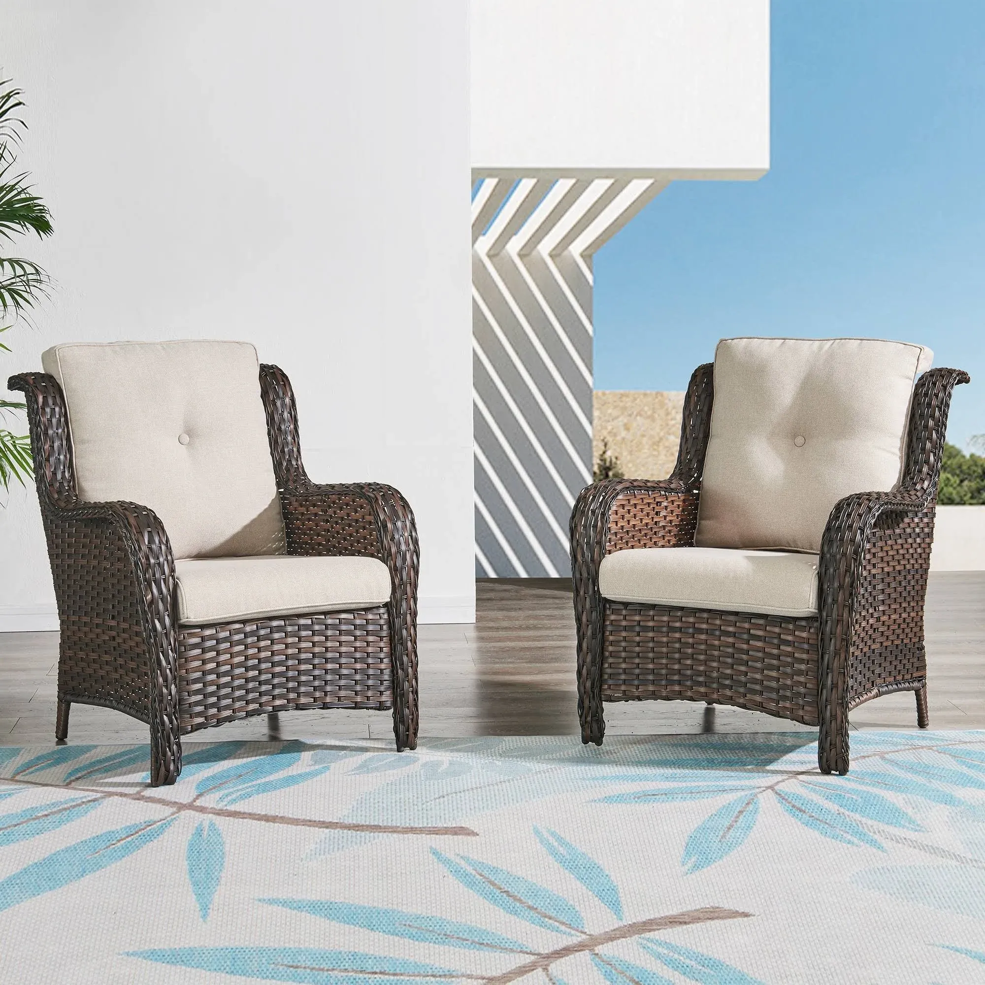 Outdoor Wicker High Back Club Chair with Cushions (Set of 2)