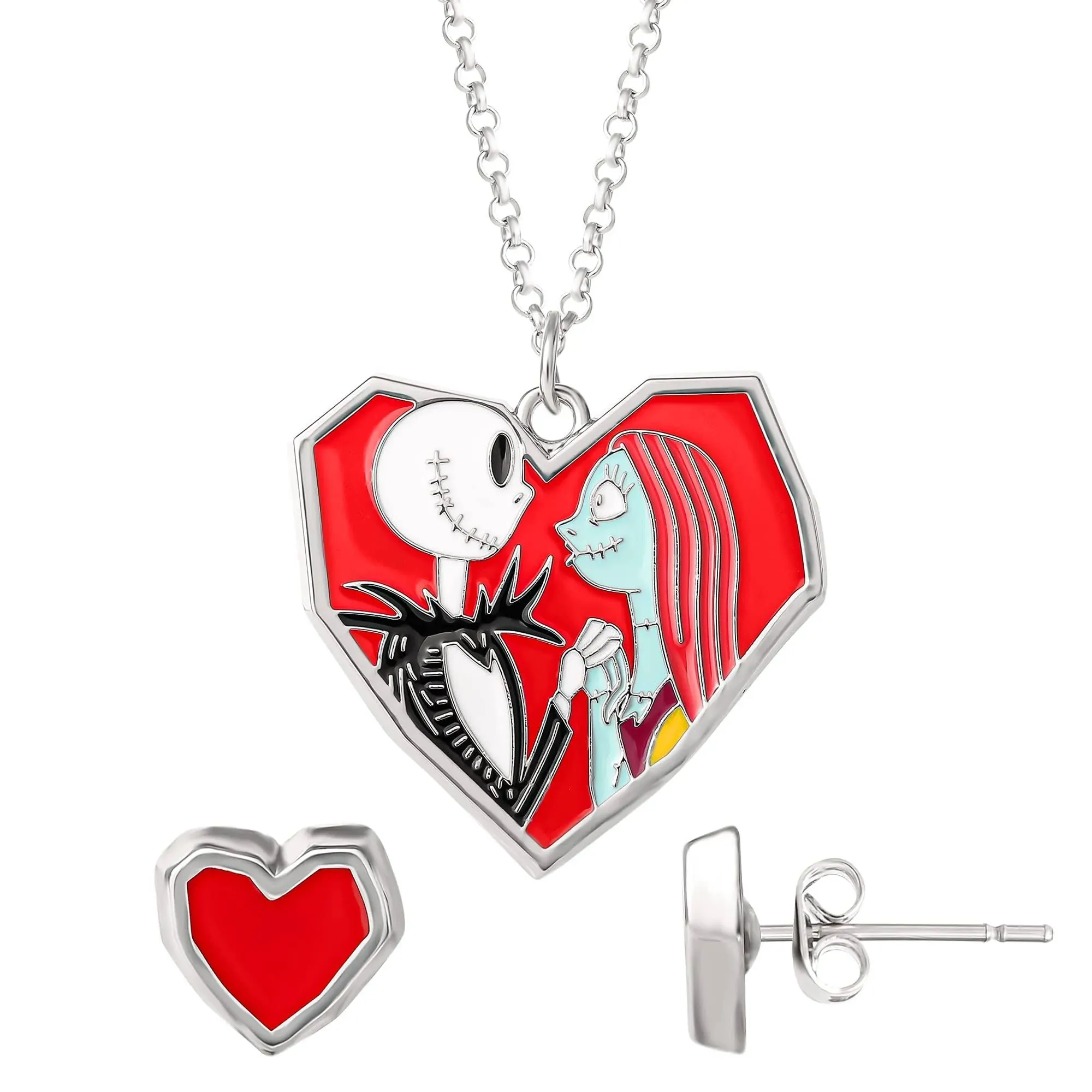 Jack Sally Skellington Heart Necklace Earrings Set Nightmare Before Christmas