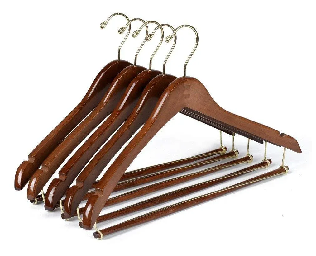 Quality Hangers 10 Curved Wooden Suit Coat Hangers with Locking Bar Gold Hooks