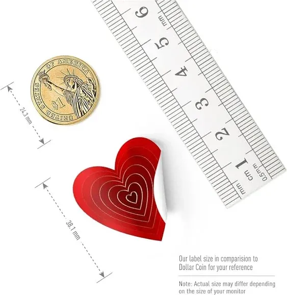 easykart labels 500 Red Heart Shape Stickers with Gold Foiling, 1.5", 3 Different Designs in one roll, Suitable for Love Theme Party Decorations, Annieversary,Birthday's