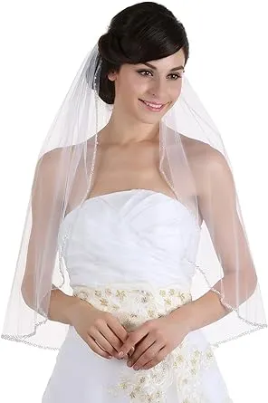 SAMKY 1T 1 Tier Crystals Pearls Beaded Wedding Veil Elbow Length 30"