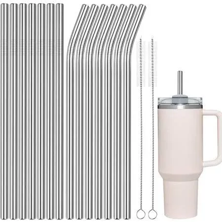 Tomorotec 40oz Metal Straws,Stainless Steel Straws 14PCS with Cleaning Brushes 2PCS for Stanley 40oz H2.0 Quencher Tumblers, Food-Grade and Dishwasher Safe Matel Straws for Smoothies, Teas (Silver)