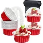 Red Cupcake Liners Muffin Tins 50 Pack,Free-Air 5oz Aluminum Foil Baking Cups with Lids,Disposable Ramekins Cupcake Pans,Jumbo Muffin Liners Cupcake Cups for Custard Mini Pie,with 50 Spoons-Red