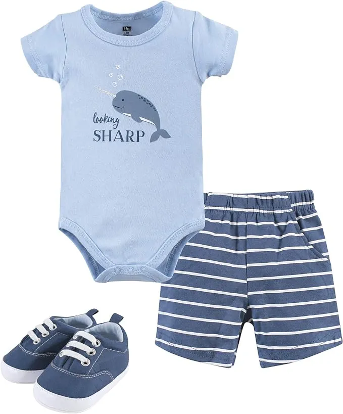 Hudson Baby Unisex Baby Cotton Bodysuit, Shorts and Shoe Set