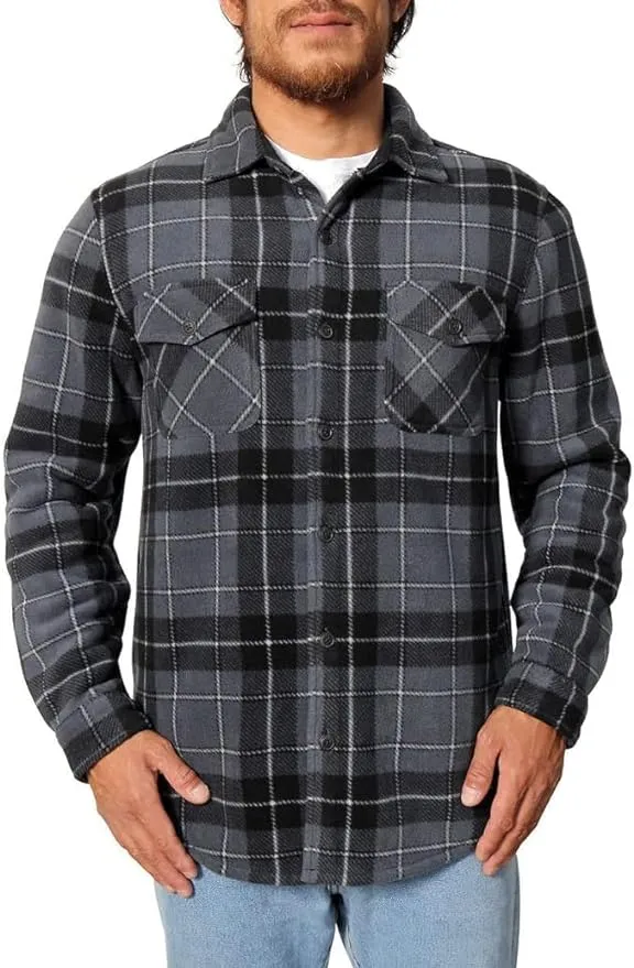 Men's Plaid Fleece Jackets Super Plush Sherpa Lined Jacket Shirt Charcoal Grey 22