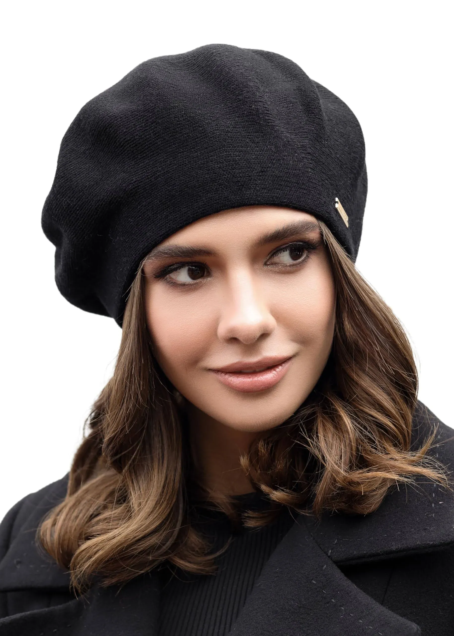 Braxton Black Beret - Warm Lined Wool Angora Knit Berets - French Paris Hat f...