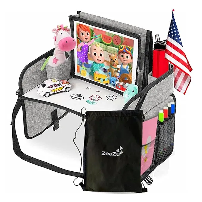 Kids Travel Tray with Bag - Toddler Car Seat Tray, Foldable Lap Travel Table Desk with iPad Holder, Drawing Board, Storage Pocket Organizer for Child Road Trip, Car Stroller, Airplane - Silver