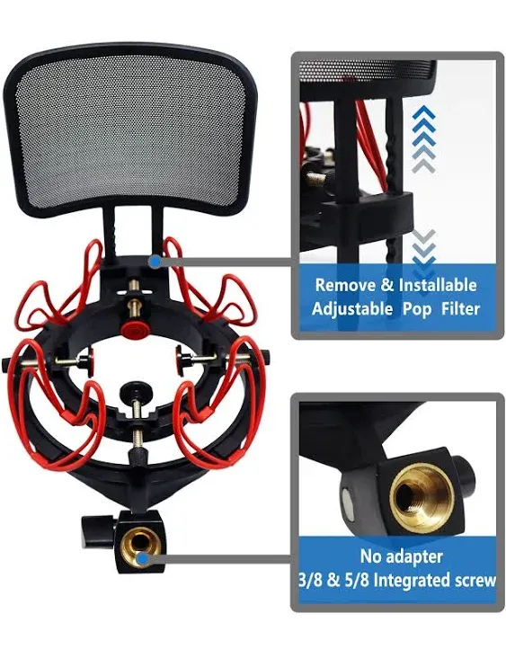 Microphone Shock Mount with Pop Filter Universal Shock Stand for Microphones Size at 21-62mm Anti-Vibration Mic Holder Clip Compatible with AT2020 MXL 990 770 Rode NT1-A Neumann 103(Red)