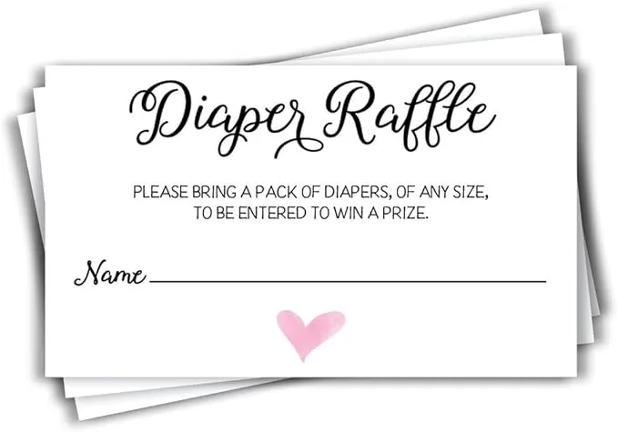 Diaper Raffle Ticket Lottery Insert Cards for Pink Girl Heart Baby Shower Invitations, Supplies and Games for Baby Gender Reveal Party, Bring a Pack of Diapers to Win Favors, Gifts Prizes (50-Cards)