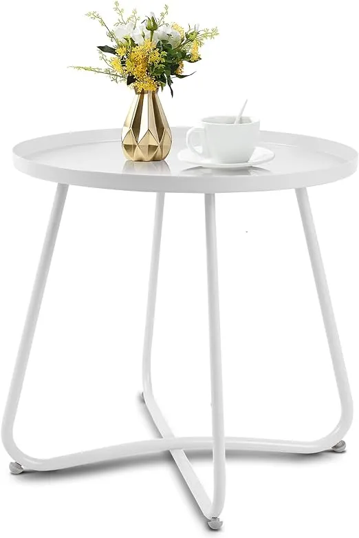 Babion White Outdoor Side Tables,Round Weather Resistant Steel Patio Side Table