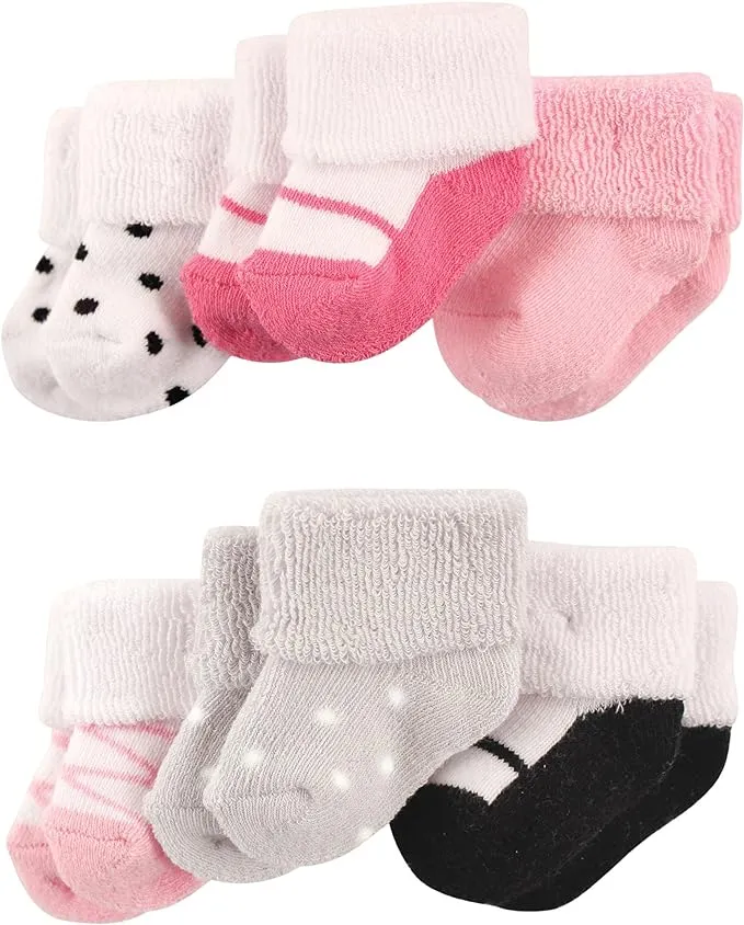 Luvable Friends Baby Girl Newborn and Baby Socks Set, Pink Black Shoes, 0-3 Months