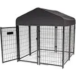 Lucky Dog Stay Series 4' x 4' x 4.3' Studio Jr. Black Powder Coat Steel Frame Small Outdoor Dog Kennel w/Waterproof Canopy Roof & Gate Door, Grey