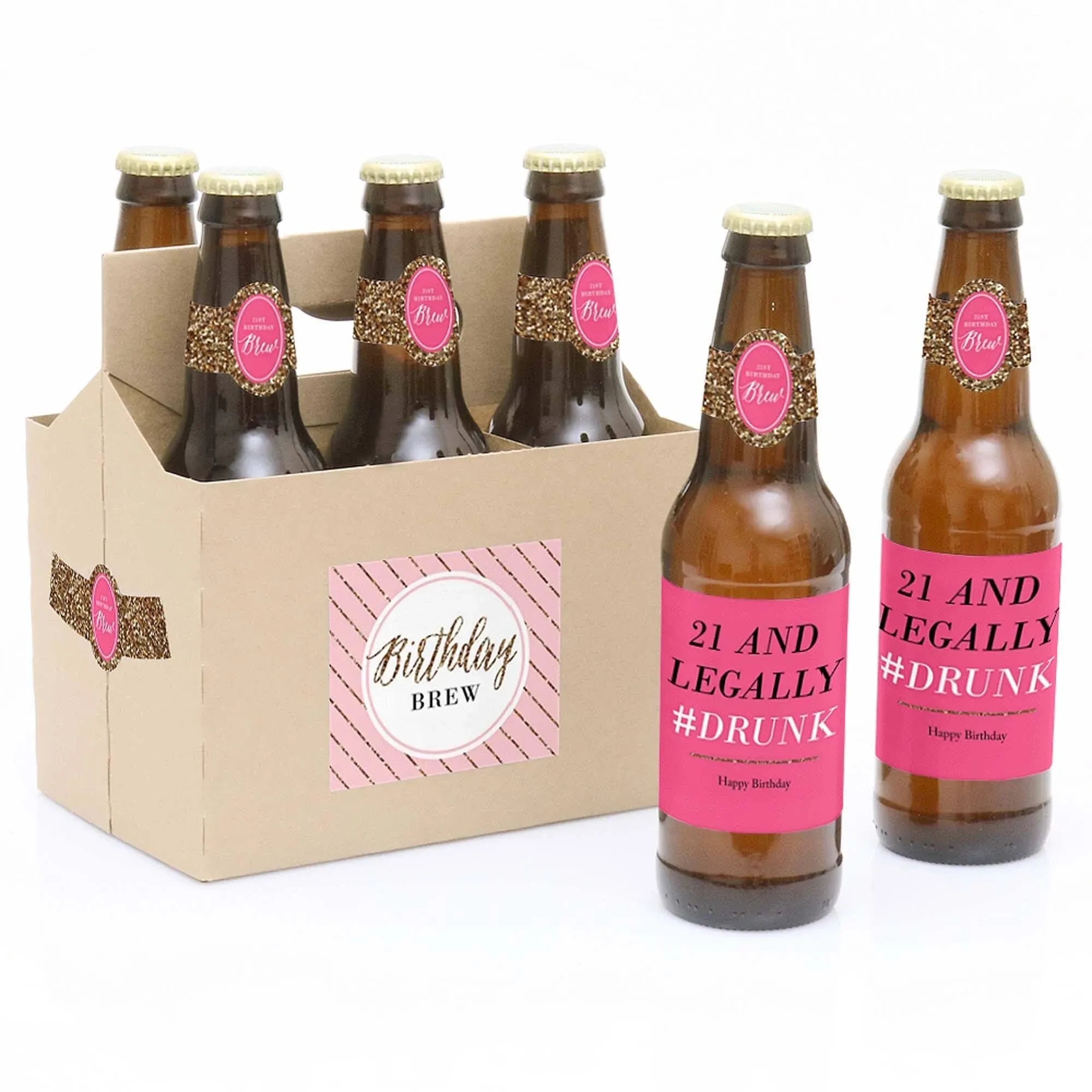 Finally 21 - Girl - 21st Birthday Decor - 6 Beer Bottle Labels & 1 Carrier