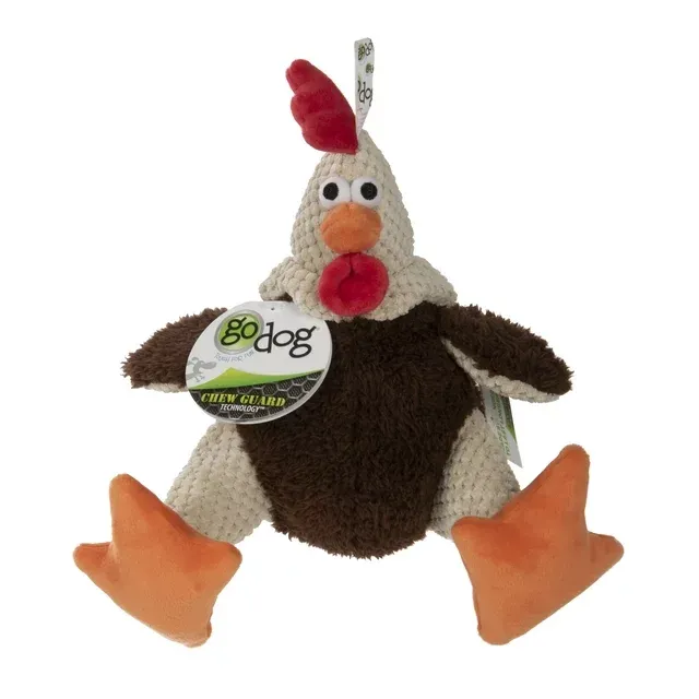 Godog Checkers Chew Guard Rooster Plush Dog Toy