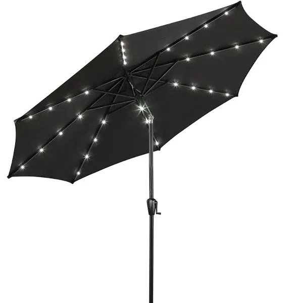 Sun-Ray 9' Round Patio Umbrella with 32 Solar Powered LED Lights, Push-Button Tilt and Hand Crank Lift System, Solar Lighted Outdoor Umbrella for Patio, Deck, and Backyard