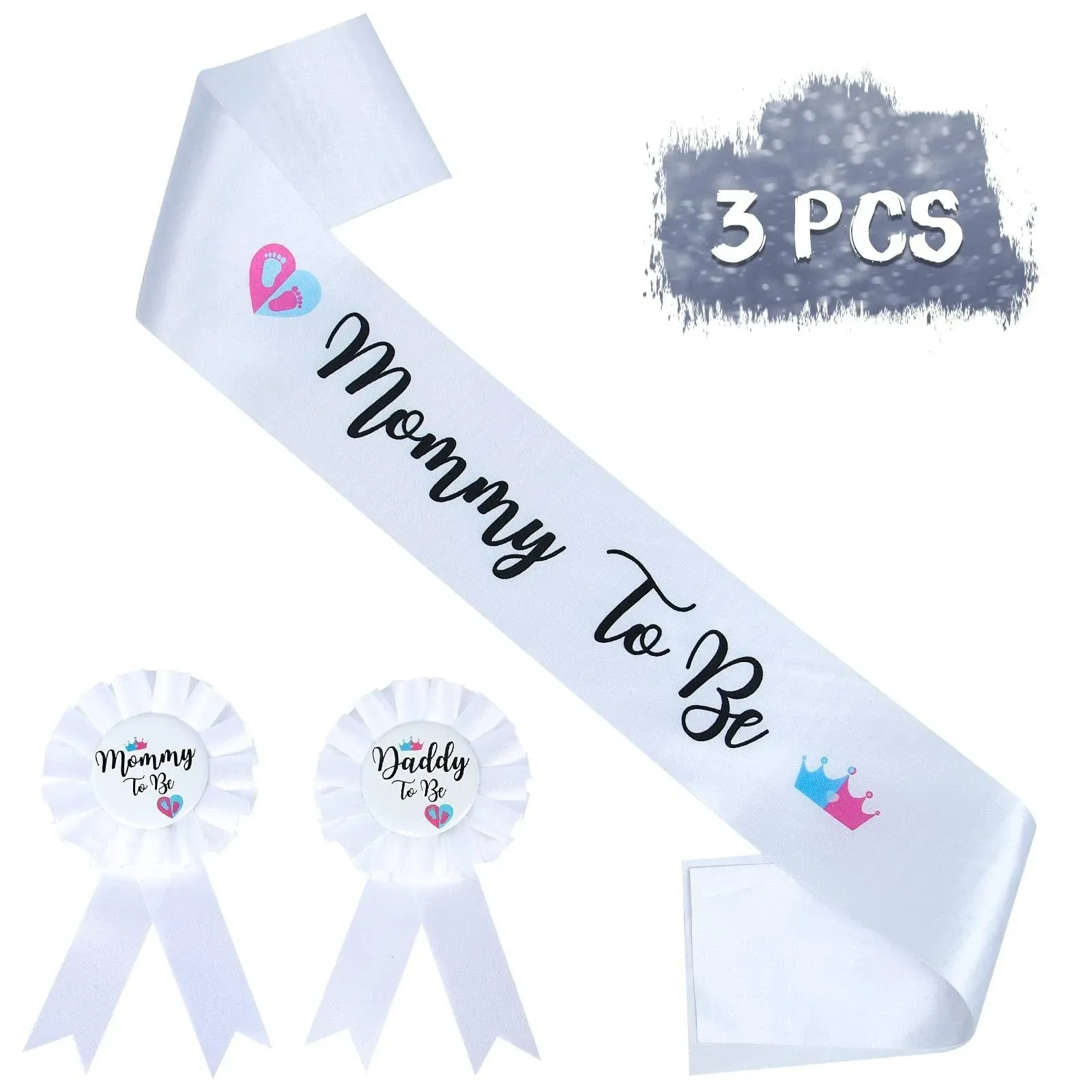 Happyland Gender Reveal Decorations Sash and Tinplate Badge Mommy to B