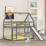 House Bunk Beds with Slide Twin Over Twin Low Bunk Bed Wood Frame Floor Bunkbed for Toddlers Kids Boys Girls, Gray