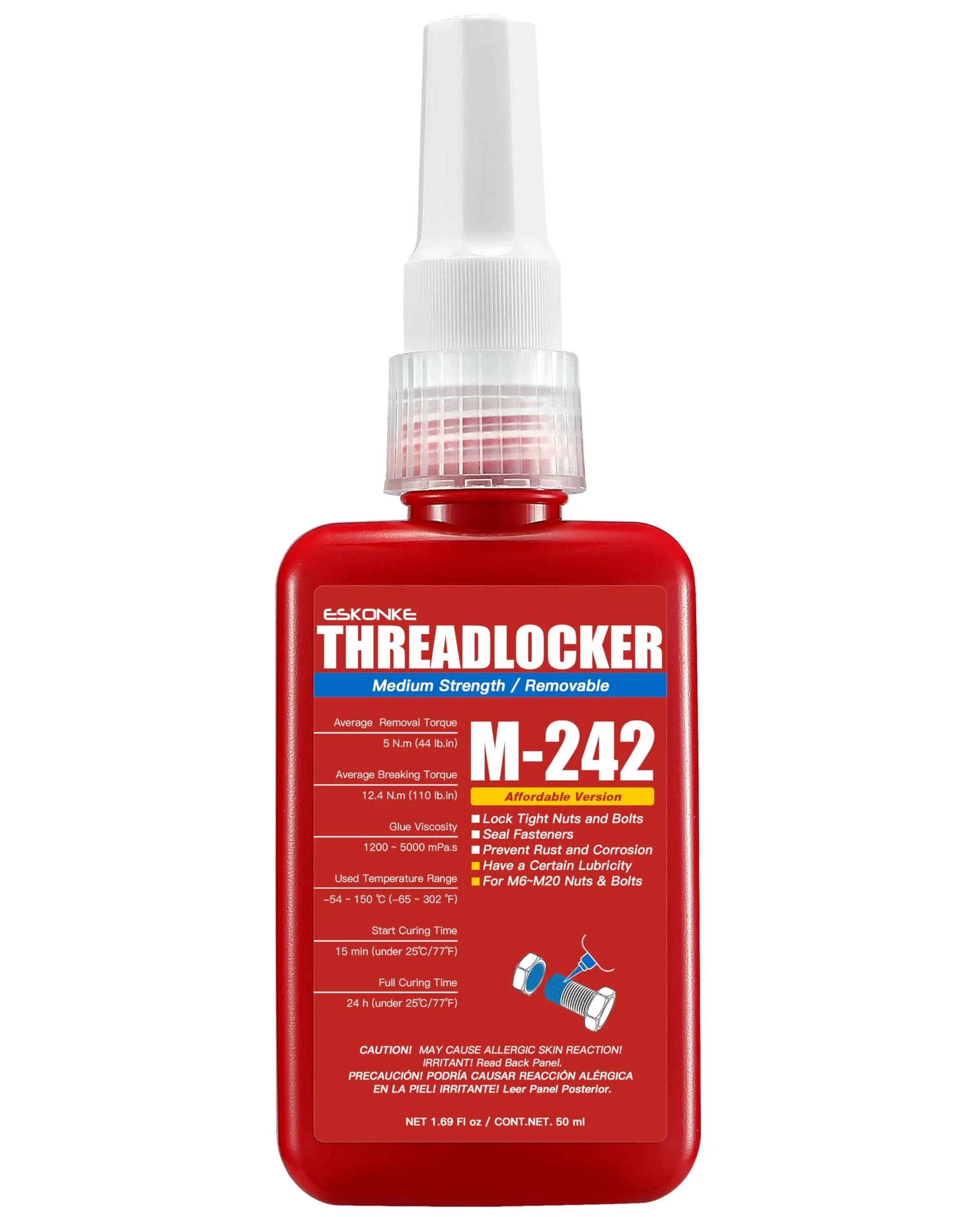 Blue Thread Locker 242 Medium Strength Removable 1.69 fl oz/50 ml Nuts & Bolts Locker Threadlocker Lock Tight & Seal Fasteners Anaerobic Curing Metal