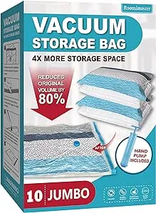 Vacuum Storage Bags, 10 Jumbo Space Saver Bags Vacuum Seal Bags with Pump, Space Bags, Vacuum Sealer Bags for Clothes, Comforters, Blankets, Bedding