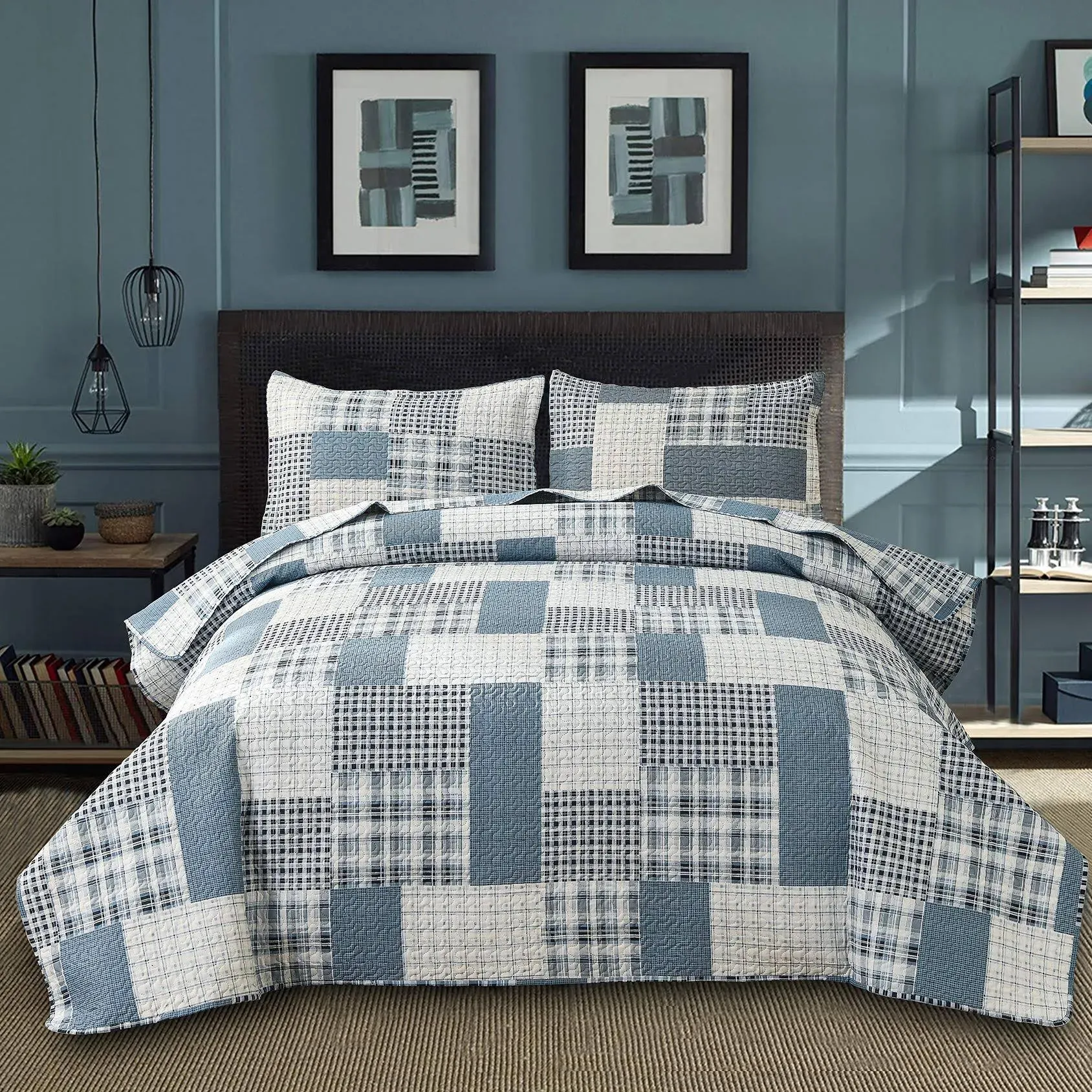 Green Essen Blue White Plaid Quilts King Size Lightweight Patchwork Quilt Soft Breathable Check Bedspread Gingham Bedding Checker Pattern Coverlet Bed Cover Set Geometric Home Decor