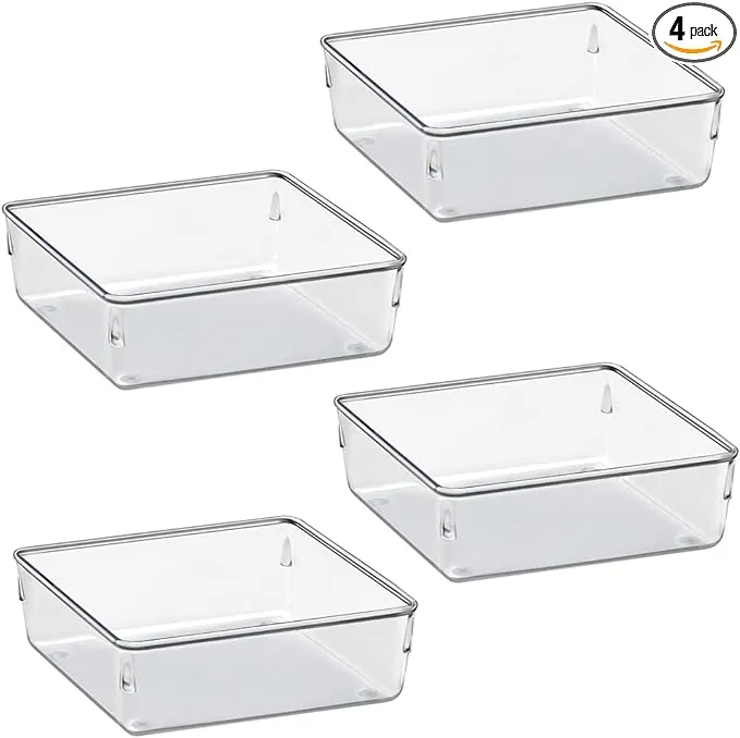 Acrimet Drawer Organizer Modular, Box Tray Storage Bins for Office, Home, Makeup, Kitchen, Junk Drawer (4 Pieces) (Clear Crystal Plastic)