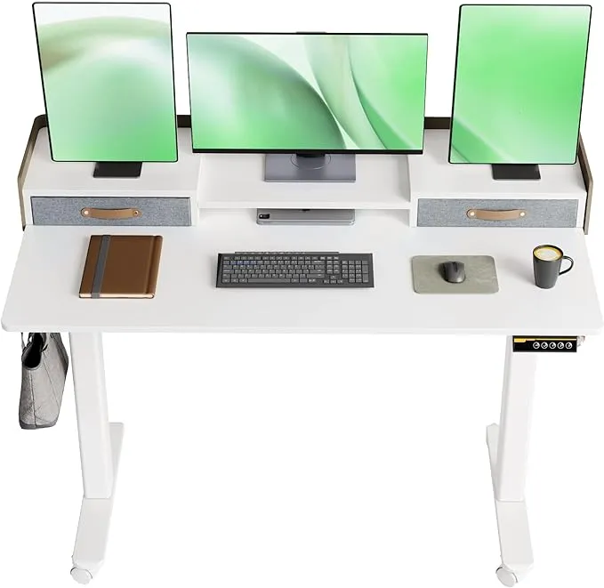 Ydn Standing Desk with Drawers, 48 inch Standing Desk Adjustable Height, Adjustable Electric Stand Up Sit Stand Small Desk with Storage and Shelf,