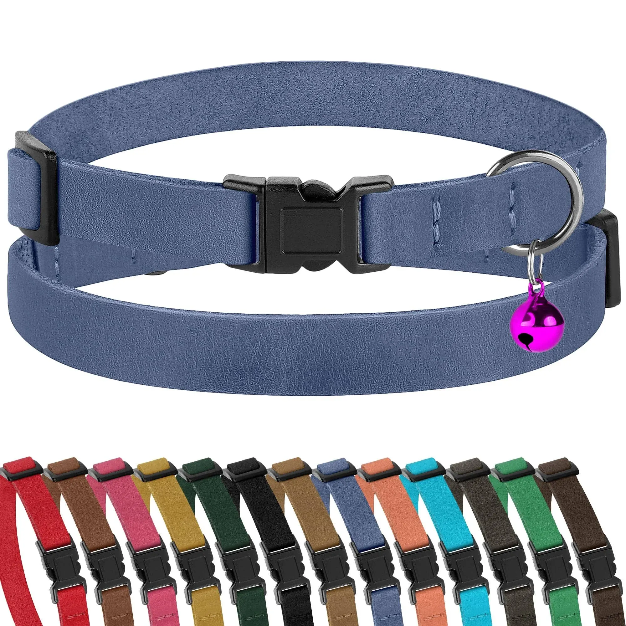 Murom Breakaway Cat Collar Leather Soft Adjustable Pet Kitten Collars with Bell Pink Brown Blue Green Red (Blue)