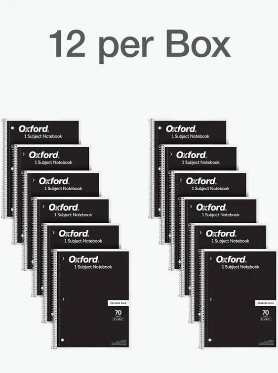 Oxford Spiral Notebook 1-Subject, Bulk College Ruled Spiral Notebooks for School, College Ruled Paper, Black Covers, 70 Perforated Lined Sheets, 8 x 10-1/2 Inches, 12-Pack, Bulk Journals (63744)