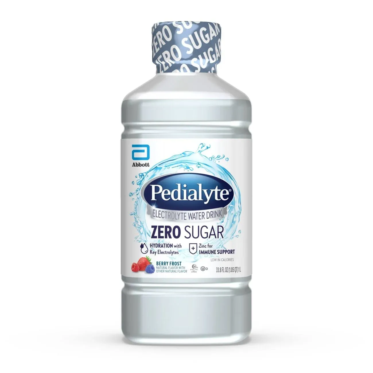 Pedialyte Electrolyte Water with Zero Sugar, Hydration with 3 Key Electrolytes & Zinc for Immune Support, Berry Frost, 1 Liter, 4 Count