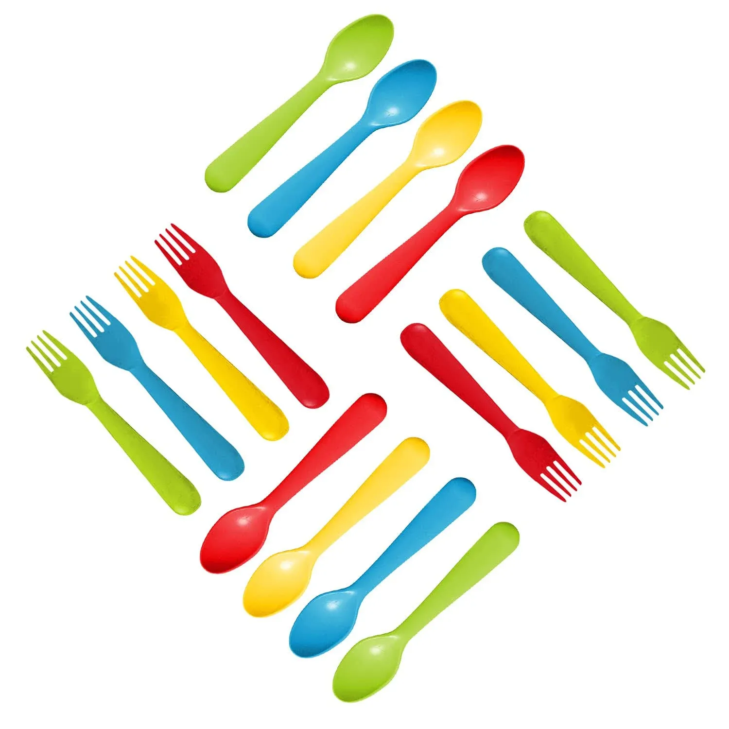 Plaskidy Plastic Toddler Utensils Set 8 Kids Forks and 8 Kids Spoons - BPA Free/Dishwasher Safe Toddler Silverware Brightly Colored Kid Plastic Cutlery Set  Great for Kids and Toddlers