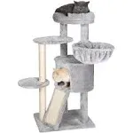 Hey-brother Cat Tree with Scratching Board, Cat Tower with Padded Plush Perch and Cozy Basket, Multi-Platform for Jump, Light Gray MPJ005W