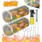 Rolling Grilling Baskets for Outdoor Grill BBQ Net Tube Stainless Steel Large Round Mesh Rotation Barbecue Cylinder Cage Cooking Accessories for