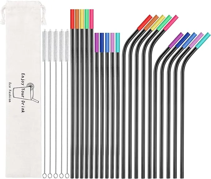 Reusable Metal Straws 46 Set Stainless Steel with 5 Cleaning Brushes Extra Long