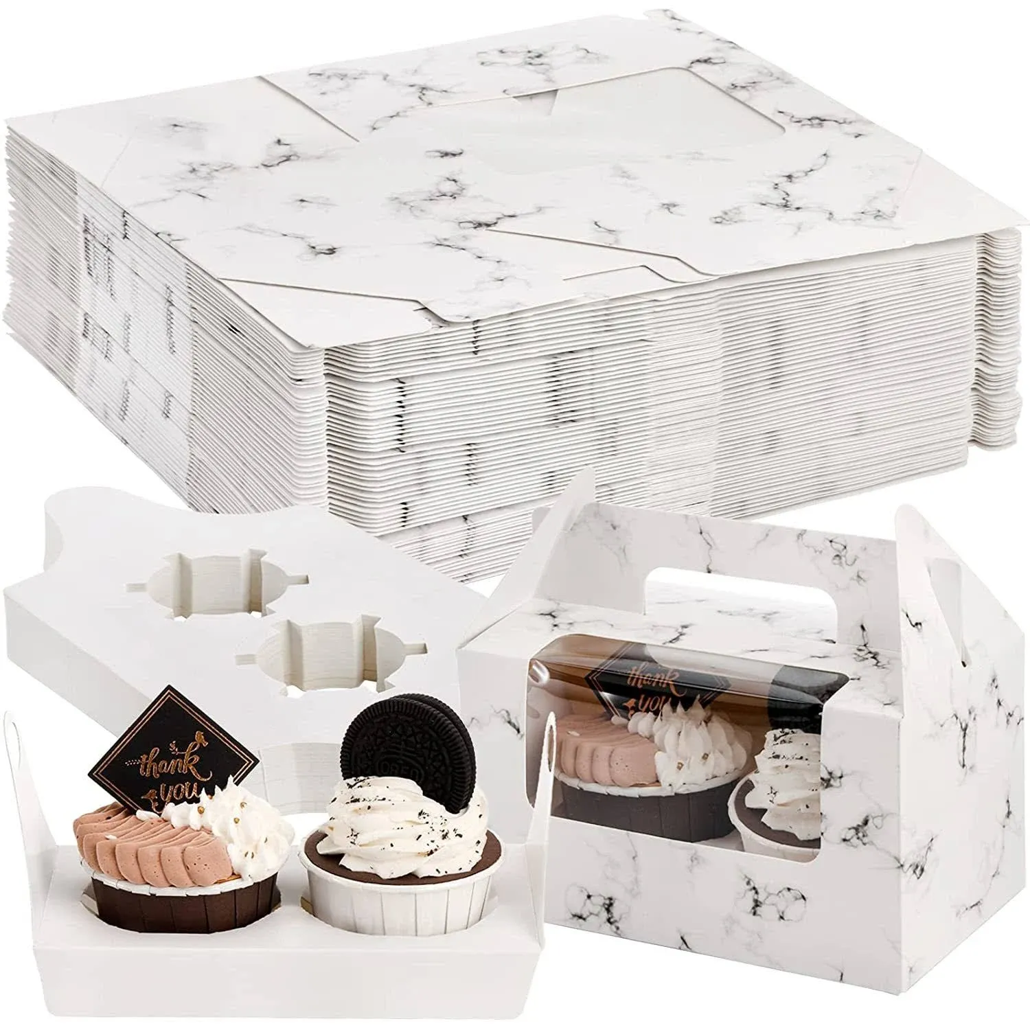 60 Pack Cupcake Boxes with Window and Handles, 2 Holders Paper Cupcake Holders ...