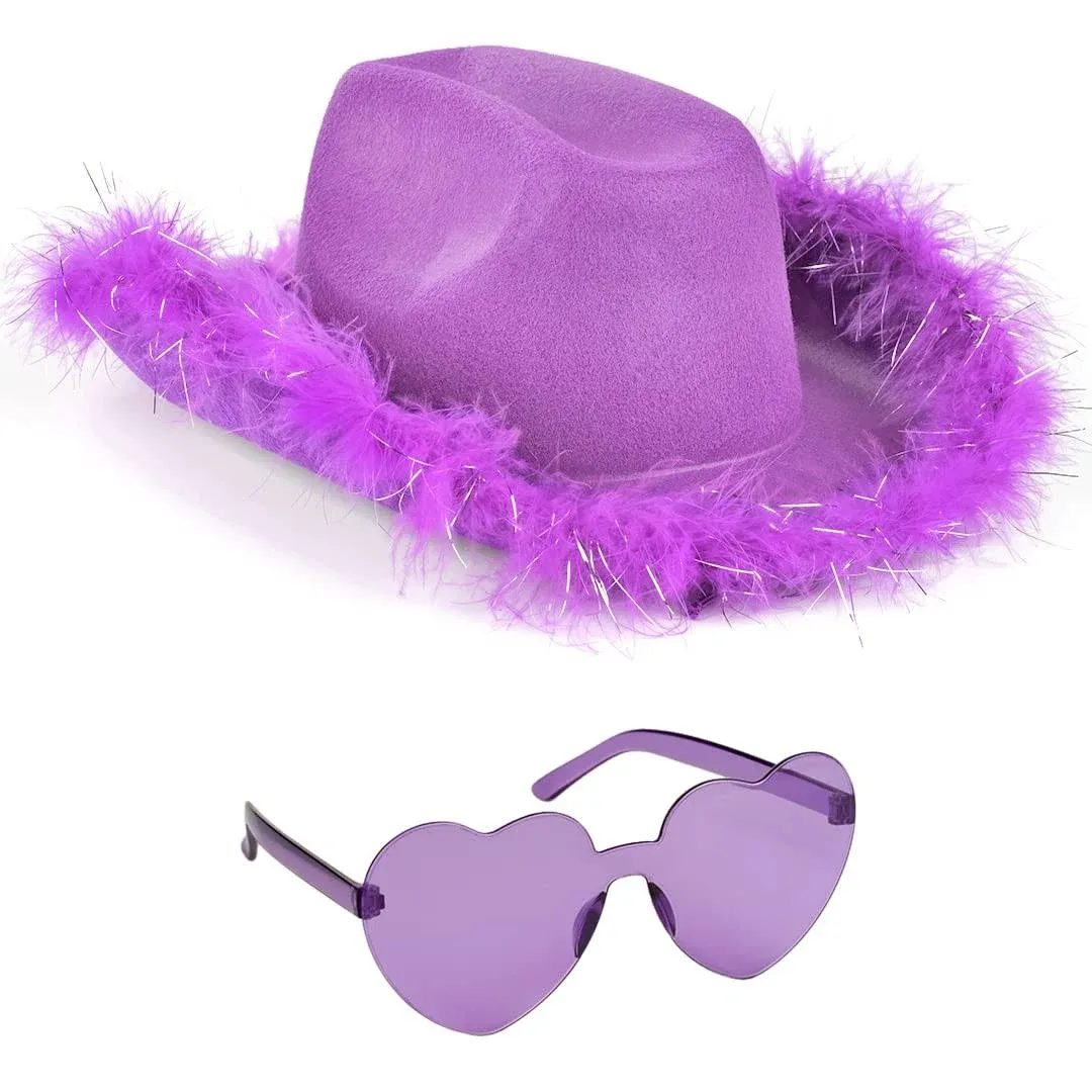 Funcredible Purple Cowgirl Hat with Glasses - Halloween Cowboy Hat with Feathers