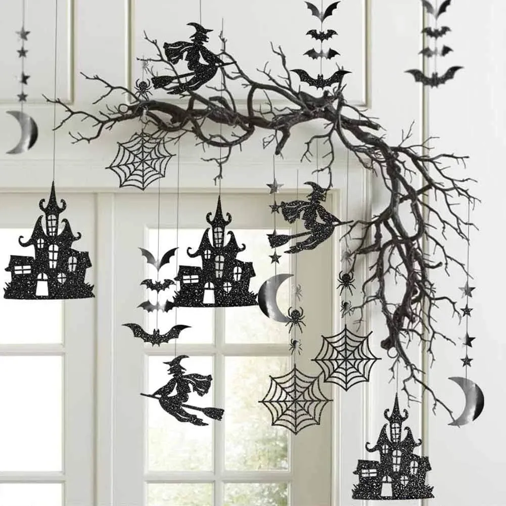  Halloween Witch Garland for Haunted House Decoration Black Glitter Gothic 