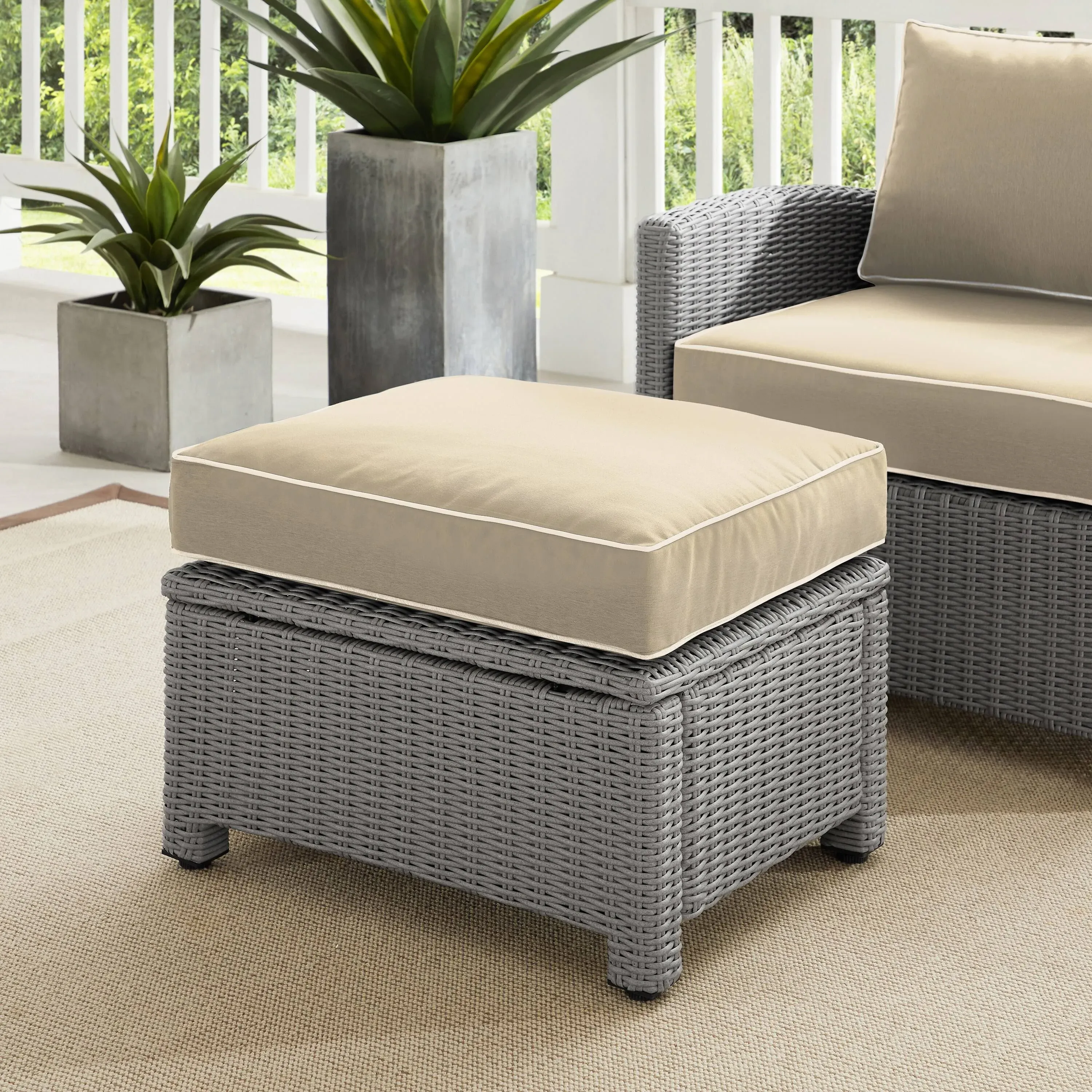 Crosley Bradenton Wicker / Rattan Patio Ottoman in Sand and Gray