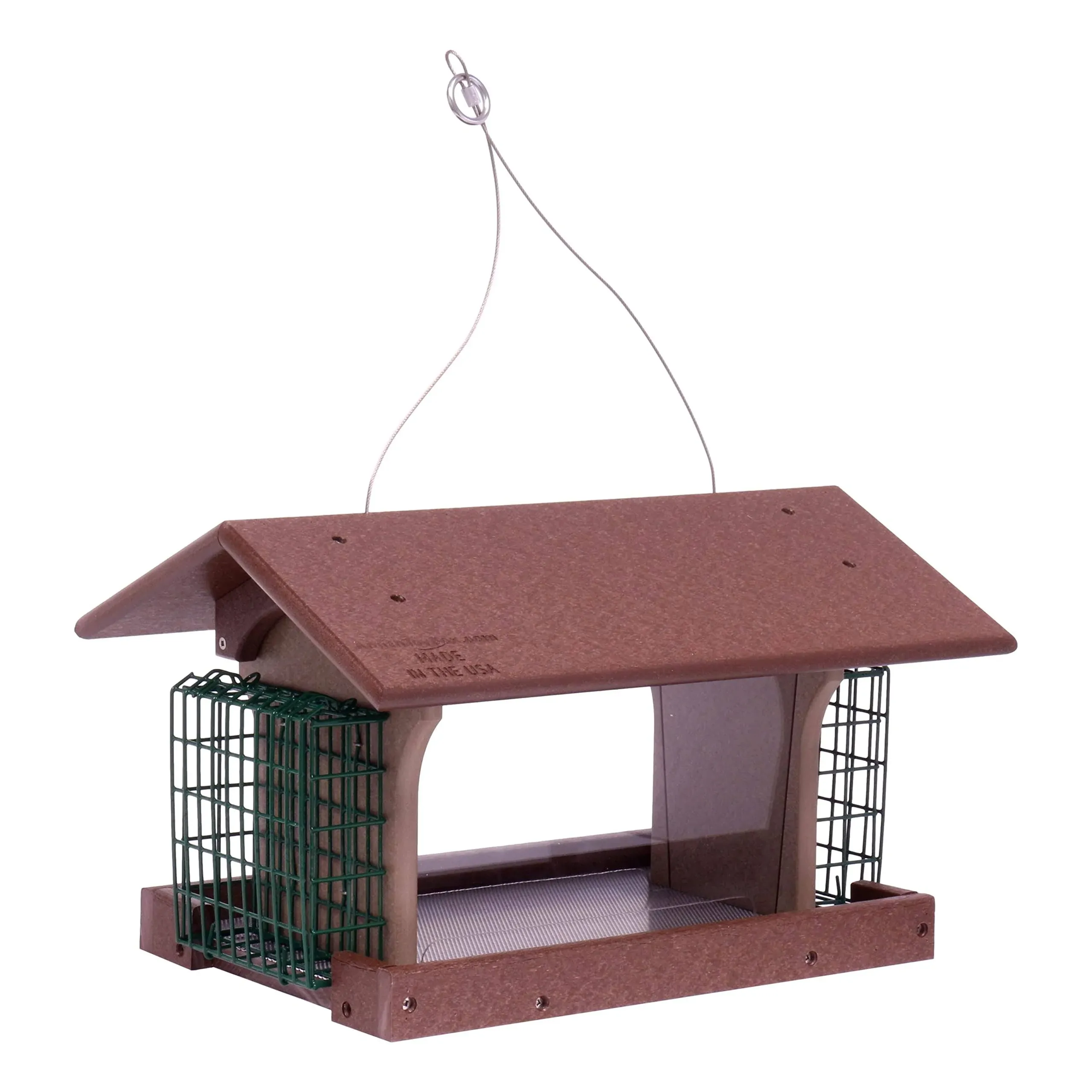 Amish-Made Deluxe Bird Feeder with Suet Holder, Eco-Friendly Poly Lumber (Milwaukee Brown/Weathered Wood)