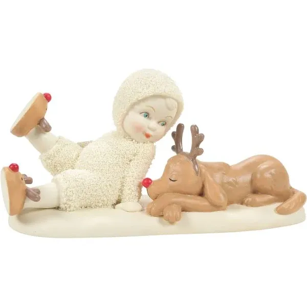 @ NEW Dept 56 SNOWBABIES Figurine REINDEER DOG SLIPPERS Porcelain Holiday Statue