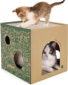 Cardboard Cat House with 2PCS Scratching Pad, Large Cat Scratcher Bed for Indoor Cat Recyclable Cat Scratcher Cardboard for with Box.