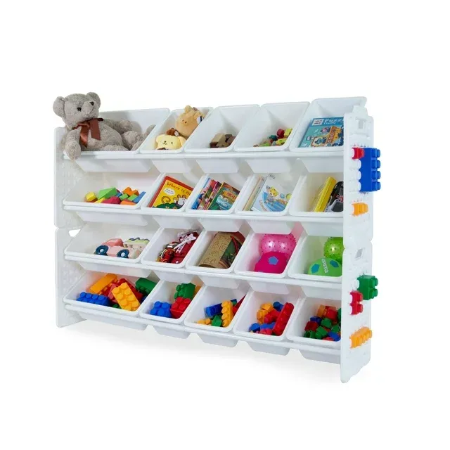 UNiPLAY Toy Organizer With 20 Removable Storage Bins, Multi-Bin Organizer for Books, Building Blocks, School Materials, Toys with Baseplate Board Frame (White)