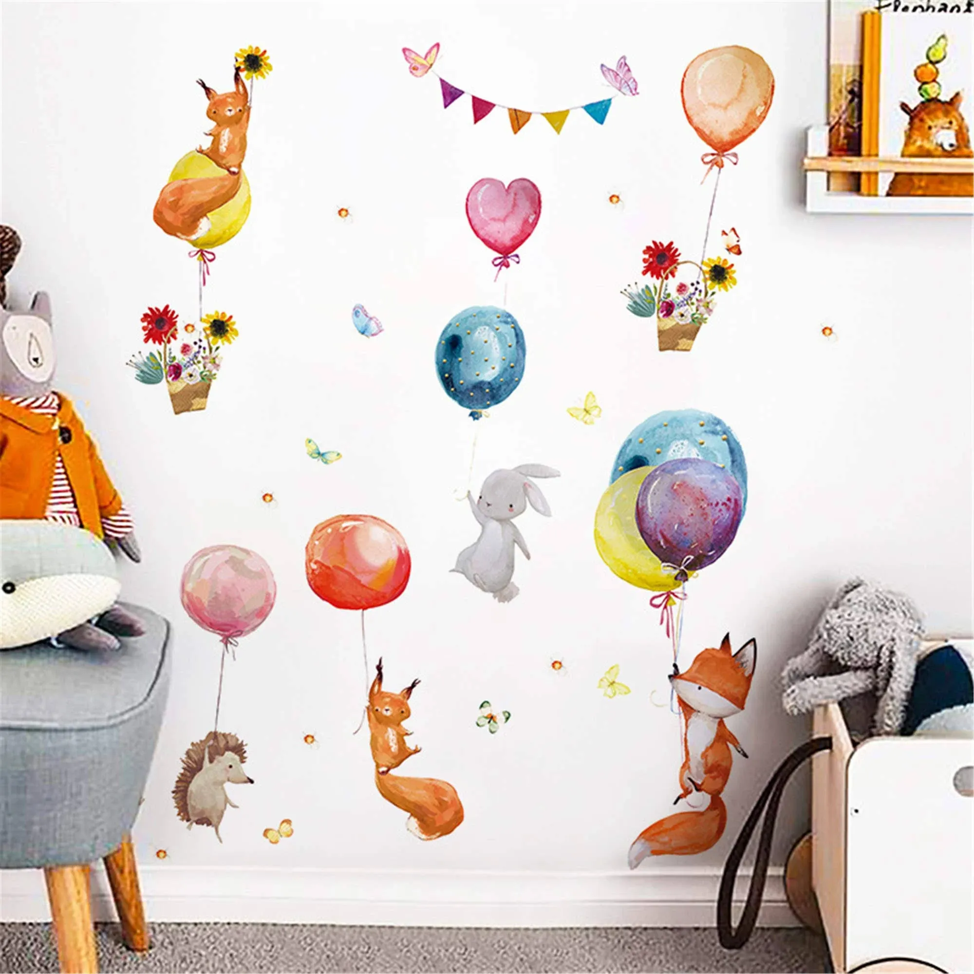 Colorful Cute Cartoon Lovely Animals Clouds Balloons Wall Stickers for Kids A 