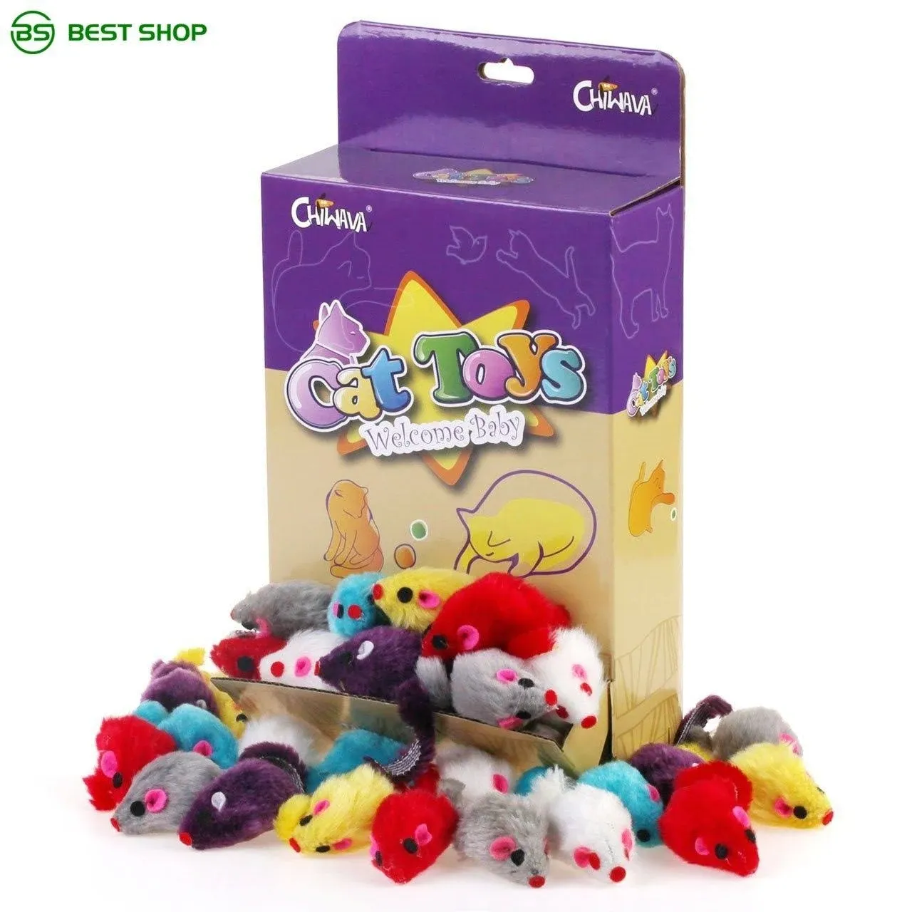 CHIWAVA 36pcs 4.1" Furry Cat Toy Mice Rattle Small Mouse Kitten Interactive Play Assorted Color