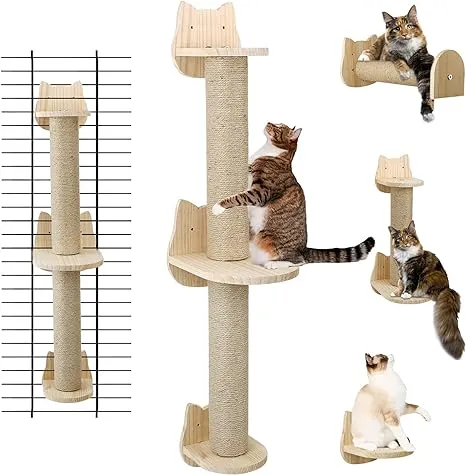 Wall Mounted Cat Scratching Post - Sisal Cat Scratcher Solid Wood Cat Wall Shelves Steps Cat Furniture for Indoor Large Cats Kittens, 38 Inch Tall Cat Ladder Post Tree in Mutil- Assembly Ways