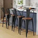 Alunaune 30" Swivel Metal Bar Stools Set of 4 High Back Counter Height Barstools Industrial Dining Bar Chairs with Large Wooden Seat-Matte Black