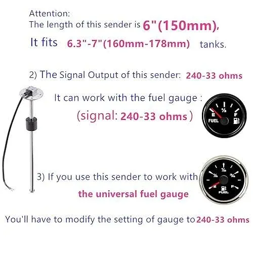 240-33 ohms 6"(150mm) Boat Fuel Tank Sending Unit Fuel Sending Unit Marine Truck Car Fuel Water Level Sensor Marine Gas Water Tank Sensor Fuel Gauge Sending Unit Truck Gas Water Tank Sender