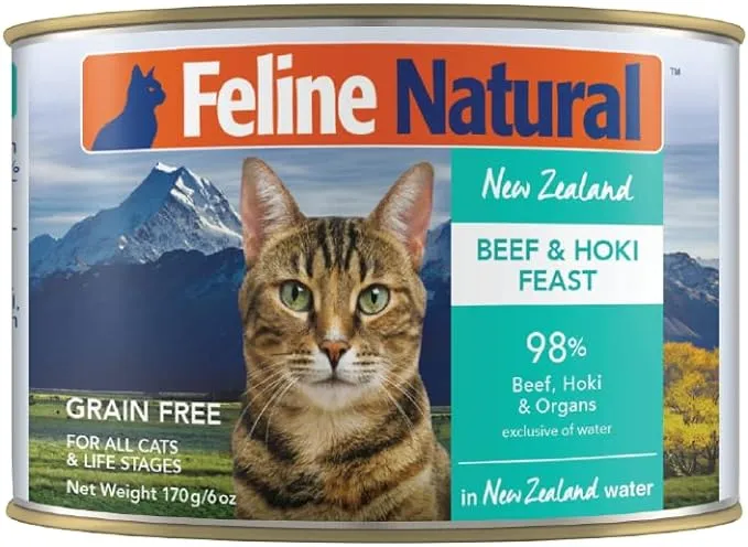 Feline Natural Wet Cat Food Pate, Beef & Hoki Feast, 6 Oz Cans (Pack of 12), Grain Free, Made in New Zealand with Grass-Fed and Finished Beef and Sustainably Caught Hoki Fish