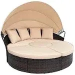 SUNCROWN Outdoor Patio Round Daybed with Retractable Canopy, Brown Wicker Furniture Sectional Couch with Washable Cushions, Backyard, Porch