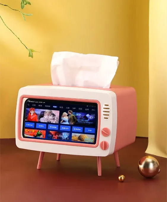 Fun Cute TV Tissue Box Holder,Multi Functional Square Tissue Box Cell Phone Holder for All Smartphone Toilet Paper Napkin Box Desktop Decoration for Room Bathroom Kitchen Dining (Pink)